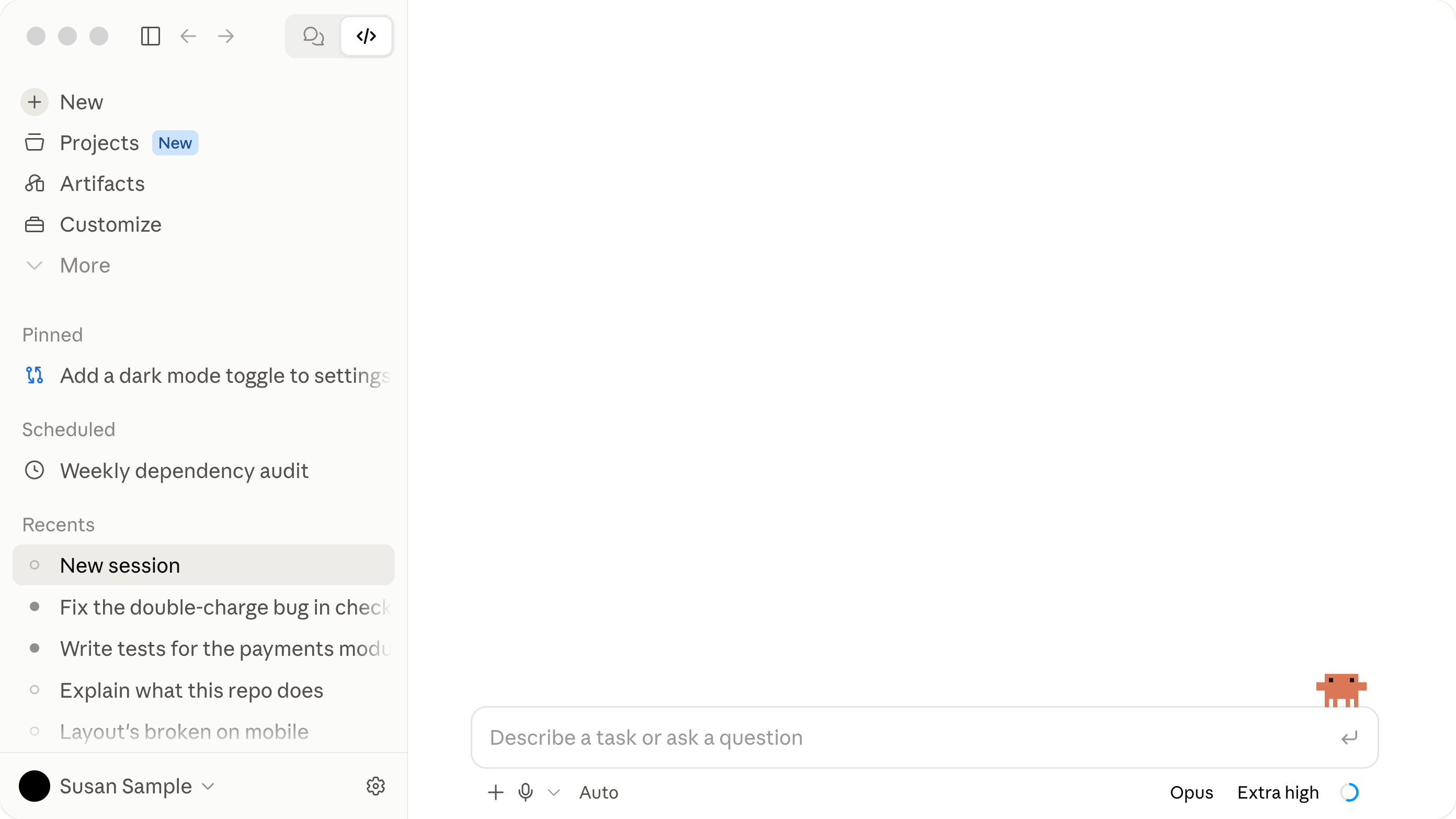 Claude Code in der Claude-Desktop-App, leere neue Sitzung