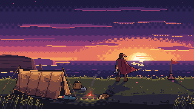 Pixel Art von Claude mit claude-pxl: Abenteurer auf einer Klippe bei Sonnenuntergang, Zelt und Lagerfeuer