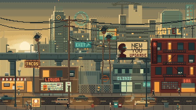 Pixel Art von Claude mit claude-pxl: Strasse einer Grossstadt in der Abenddämmerung, Verkehr und Passanten