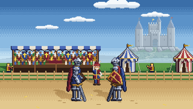 Pixel Art von Claude mit claude-pxl: Ritterturnier vor Tribüne und Burg